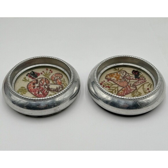 Vintage Embroidered Coasters Mushrooms Decorative Silver Tone Metal Set Of 2 HK - Picture 7 of 11
